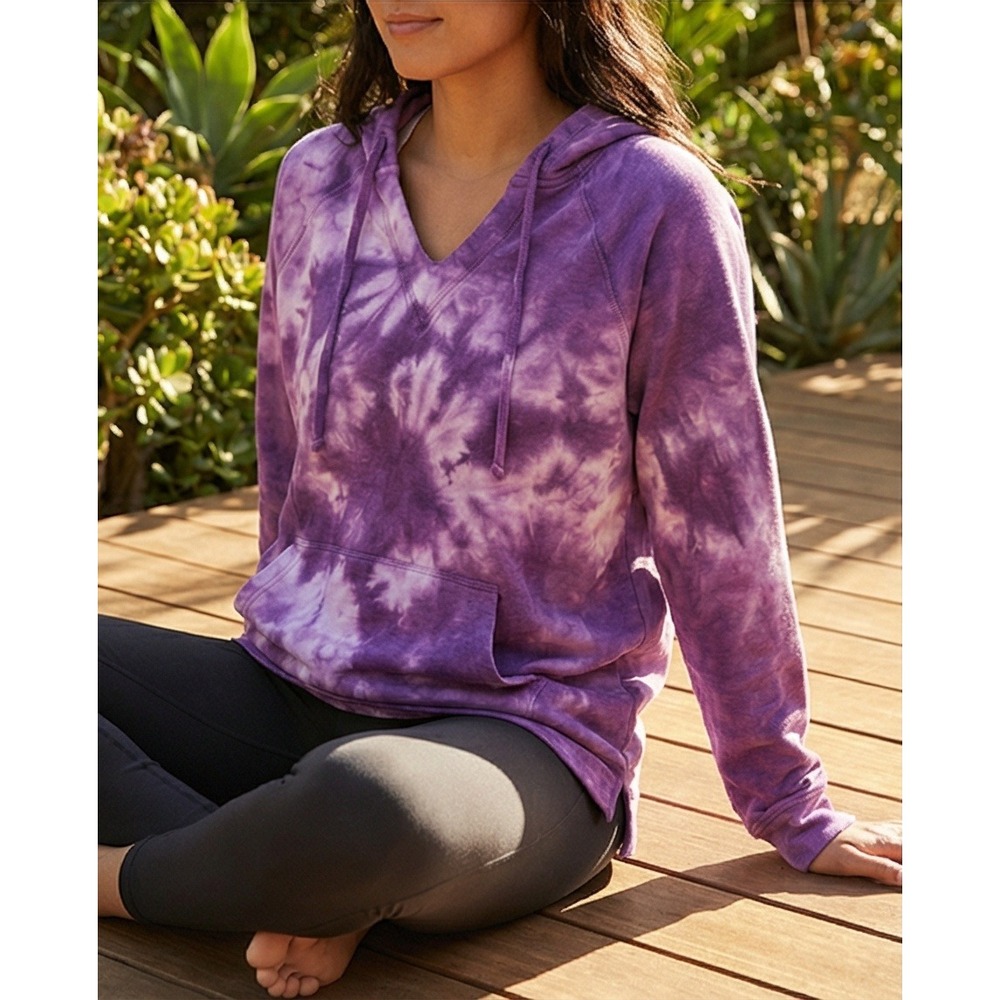 Earth Yoga XL Purple Tie Dye Hoodie V Neck Long Sleeve Organic Cotton